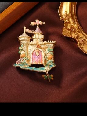 Enamel Castle Brooch with Dragonfly Charm - Pink, Turquoise & Gold
